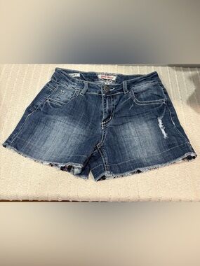 VTG Hot Kiss "Cici" Plaid Hem Denim Shorts - Thick Stitch - Size 1